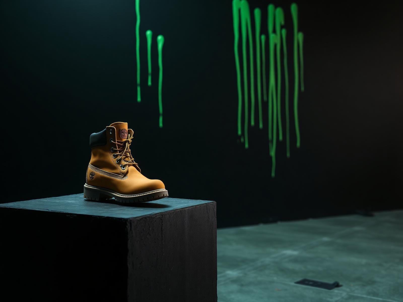 Wheat boot on black pedestal with neon green paint